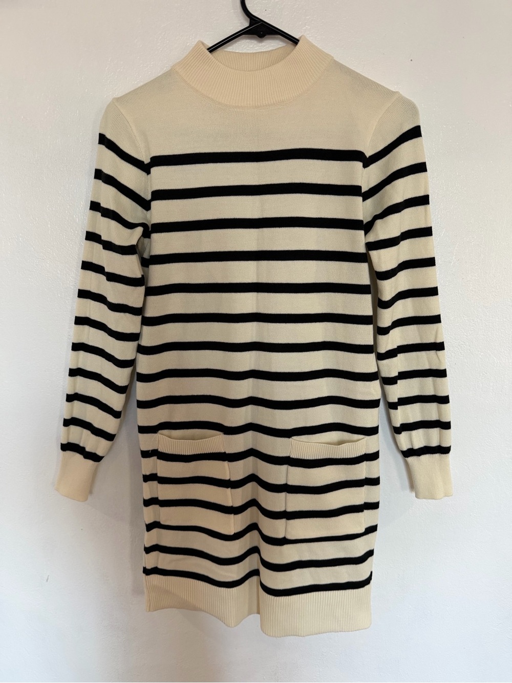 SHEIN Cream and Black Striped Long Sleeve Knit Dress